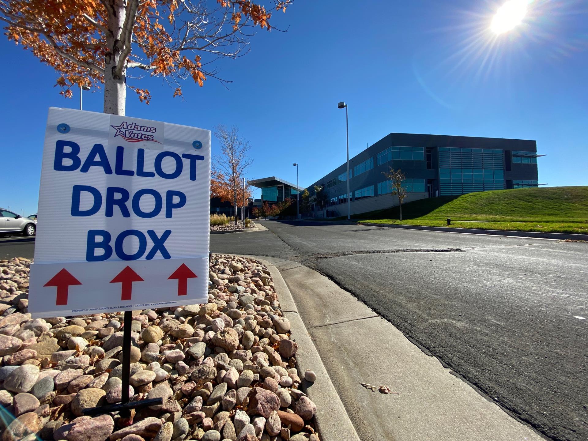 Ballot Drop Box sign in front of Civic Center